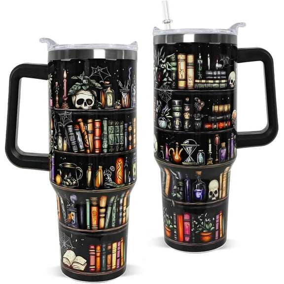40oz Insulated Tumbler with Handle - Gothic Skull Bookshelf Design - Book Lover Coffee Travel Mug - Halloween Gift for Readers, Librarians, Bookish Women