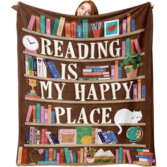 Book Lovers Gifts Flannel Throw Blanket, Reading is My Happy Place Gift for Reader, Graduation Birthday Ideas, Book Club Librarian Blanket for Bookworm Bookish 50" x 60"