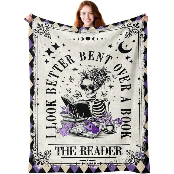 Book Lovers Gifts - Gothic Blanket for The Reader - Book Lover Gifts for Women - Bookworm Books Club Librarian Reading Gift - Skeleton Reading Blanket for Christmas Halloween Birthday 60"x80"