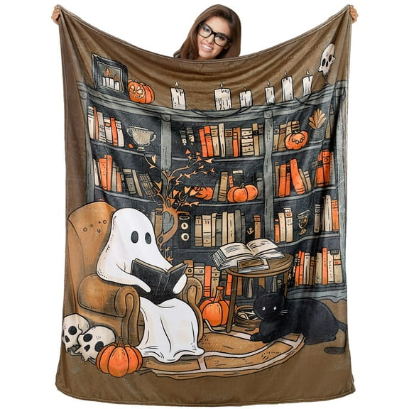 Ghost Reader Halloween Blanket 60"x50" Book Lovers Gifts Throw Blankets Skeleton Reading Books for Women Bookworm Bookish Boo Basket