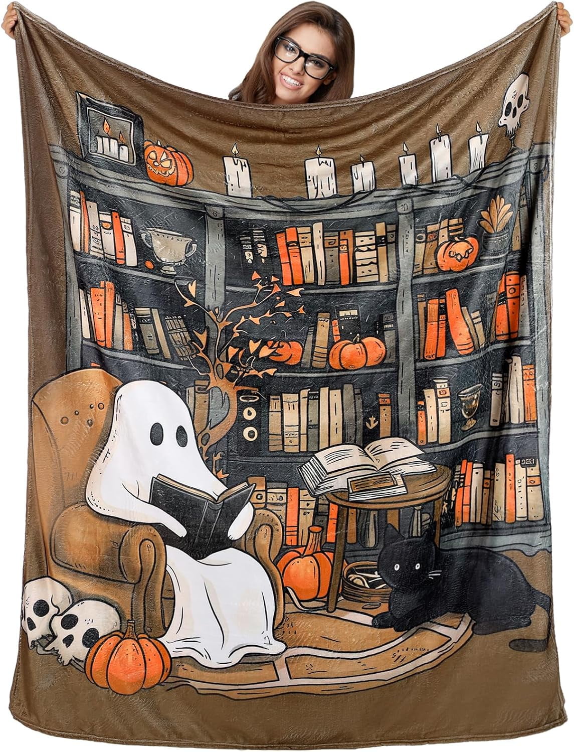 Book Lovers Gifts Throw Blanket 60 x 50 Inch Reader Blankets Christmas Book Club Horror Gifts Basket Stuffers for Women Xmas Bookworm Bookish Librarian Reading Basket(Ghost)