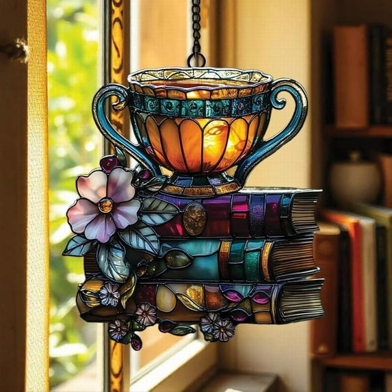 Book Lovers Ornament Acrylic Reading Book Coffee Cup Ornaments Love Bookish Decor Librarian Gifts for Christmas Holiday New Year Party Xmas Tree Decorations Hanging