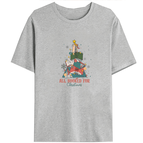 Book Lovers Shirts All Booked for Christmas Graphic Tees Christmas Teacher & Librarian Tshirts Short Sleeve Casual Tops Gray,2XL