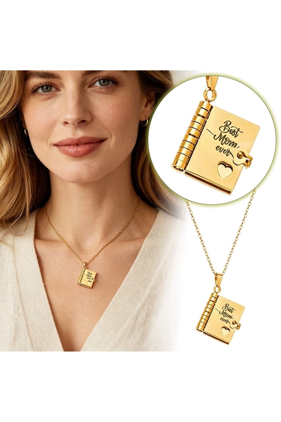Book Necklace for Mom, Stainless Steel Engraved Book Locket Pendant, Meaningful Gift for Mother from Daughter Son, Mom Jewelry for Birthday and Mother's Day