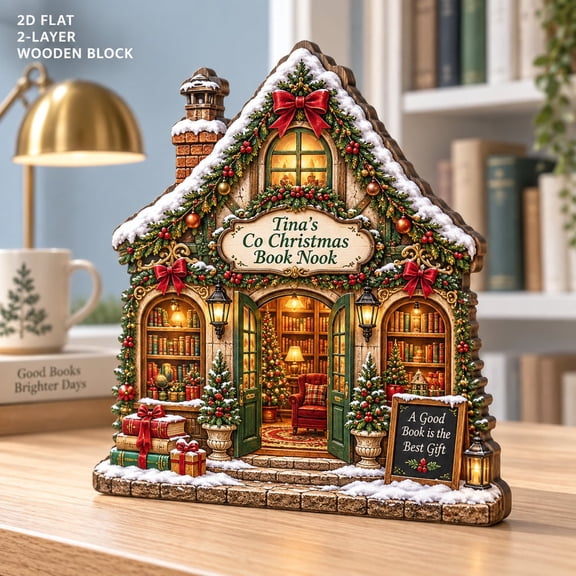 Book Nook Block, Personalized Christmas Wooden Shelf Decor for Holiday Gifts