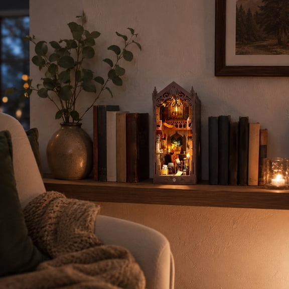 Book Nook, Bookshelf Decor, Diy Book Nook Kit, Book Nook Diorama, Haunted Library Wooden Pre-Lit Miniature, 11X7X11 Inch Small Shelf Insert for Home Tabletop Display