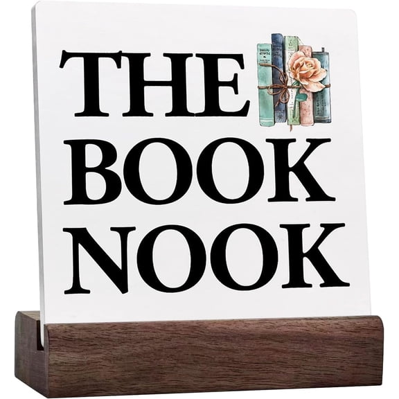The Book Nook Bookshelf Wood Block Sign Desk Decor,Funny Book Librarian Book Lover Ceramic Table Plaque Sign Desk Decor for Home Shelf Table Decorations
