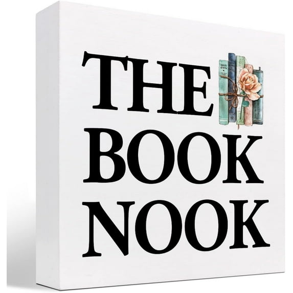 The Book Nook Bookshelf Wood Block Sign Desk Decor,Funny Book Librarian Book Lover Wooden Box Plaque Sign Desk Decor For Home Shelf Table Decorations 7x7 Inch