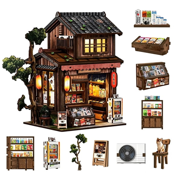 Book Nook Kit, 3D Wooden DIY Miniature House Puzzle with LED Light, Bookshelf Decor Creative Handmade Gift for Adults Book Lovers Family and Friends (Kasuga Sundry Store)