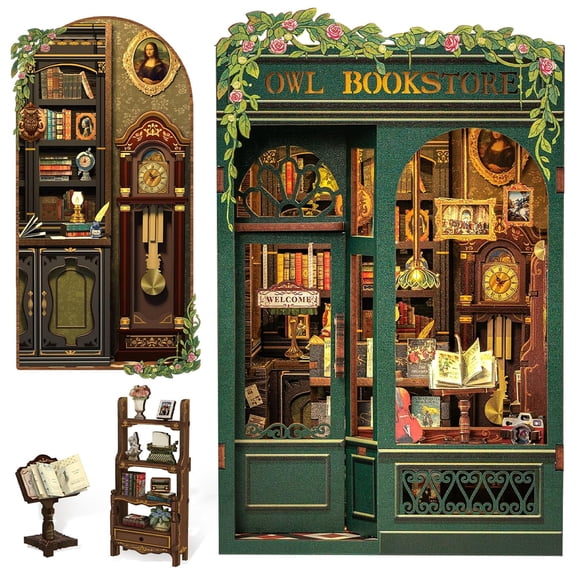 Book Nook Kit, 3D Wooden Mini Book House Puzzle, Handmade DIY Owl Bookstore, Miniature Landscape Bookend