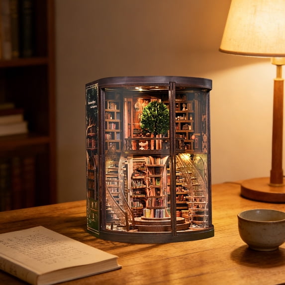 Book Nook Kit for Adults & â DIY Miniature Library with LED Light, 3D Wooden Puzzle Bookend Bookshelf Insert Craft Kit, Wisdom Ring Library Model for Home Decor & Gifts