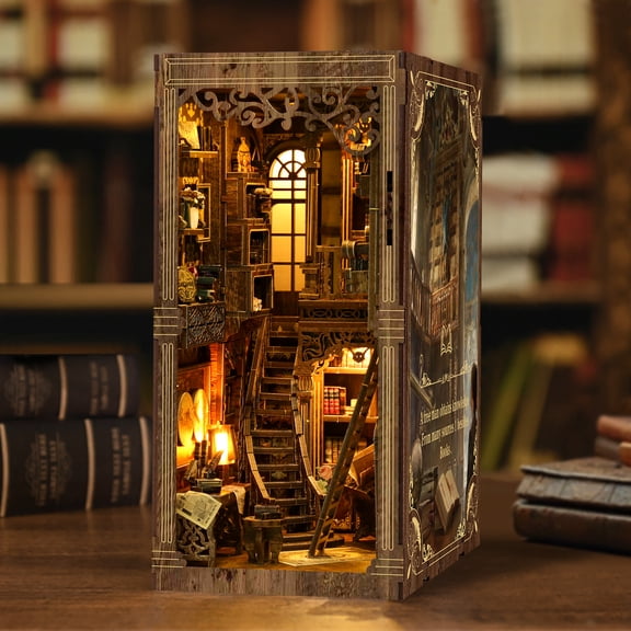 Book Nook Kit, Antique Library DIY Miniature House 3D Wooden Puzzle with LED Light, Bookshelf Insert Decor, Craft Kit Gift for Adults & Teens, Age 14+