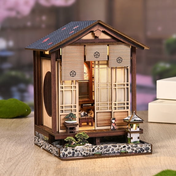 Book Nook Kit DIY – 3D Wooden Miniature House with LED Light, Bookshelf Decor Insert, Craft Kit for Adults & Teens, Japanese Courtyard
