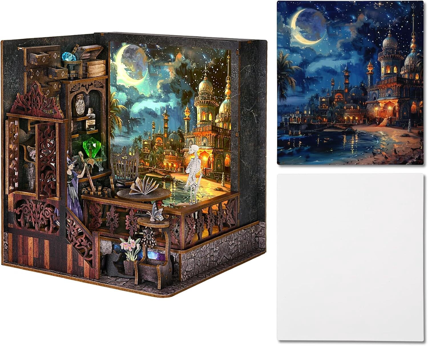 Book Nook Kit DIY 3D Wooden Puzzle Bookend Miniature Dollhouse with LED Light