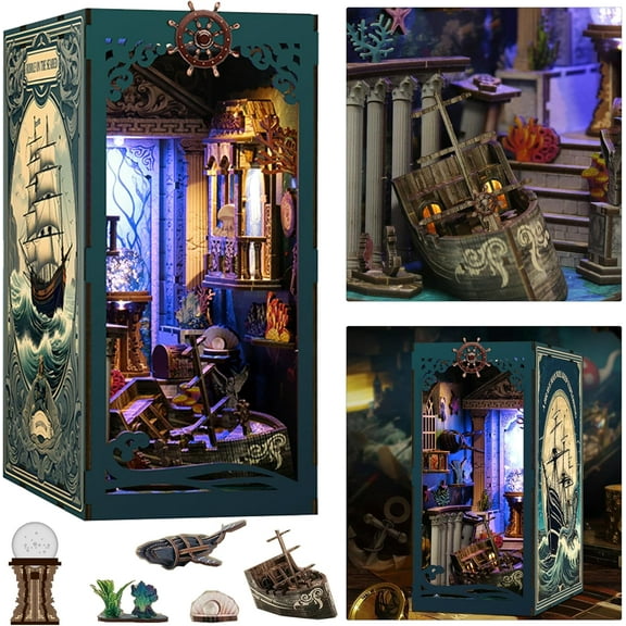 Book Nook Kit, DIY 3D Wooden Puzzle Dollhouse Booknook for Adults, Tiny Miniature House Kit Bookshelf Decor with LED Light, for Family and Friends (Sea Maze)