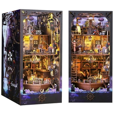 Book Nook Kit, DIY Aden Book Corner, Miniature Kit for Bookshelf Insert Decor Crafts for Adults Teen Halloween, 3D Wooden Puzzle Bookends with Sensor Led Light