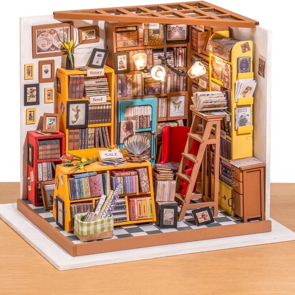 Book Nook Kit, DIY Miniature Bookstore Building Set with Furniture for Adults, Tiny House 3D Wooden Puzzle Bookshelf Decor, Christmas Halloween Gift, 1-Pack