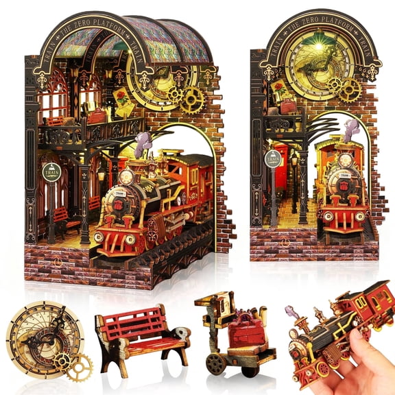 Book Nook Kit, DIY Miniature Dollhouse Booknook Kit, 3D Wooden Puzzle Bookend Bookshelf Insert Decor with LED Light for Teens and Adults (Midnight Platform)