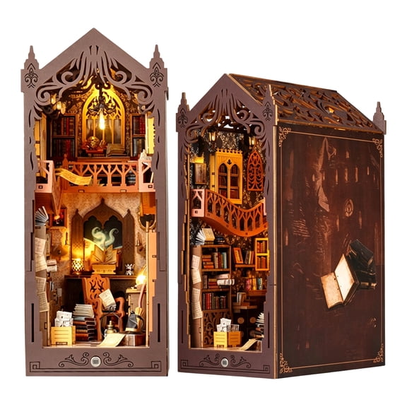 Book Nook Kit - DIY Miniature Dollhouse with LED Light, 3D Wooden Puzzle Kit for Adults & Teens, Library Shelf Decor (200+ Pieces)