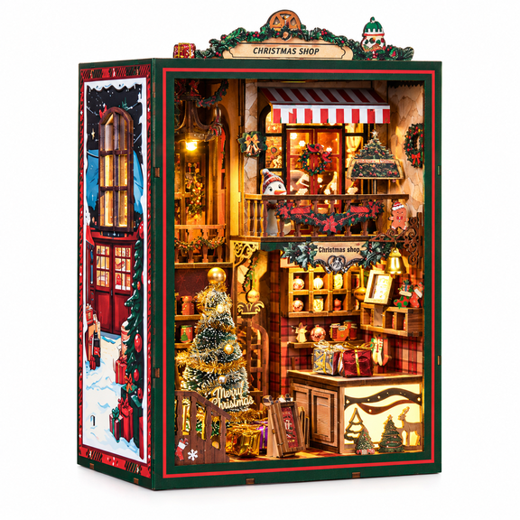 MOJINO Book Nook Kit, DIY Miniature House Kit with Furniture and LED Light, 3D Puzzle Wooden Art Bookends, Model Kits for for Adults and Teens (Christmas Shop)