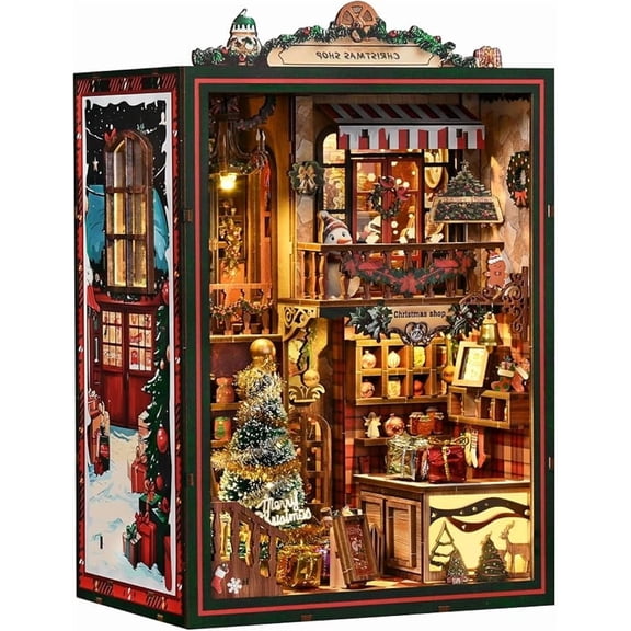Book Nook Kit - DIY Miniature Dolls House Kit with Furniture and LED Light, 3D Puzzle Wooden Art Bookends, Model Kits for for Adults and Teens (Christmas Shop)