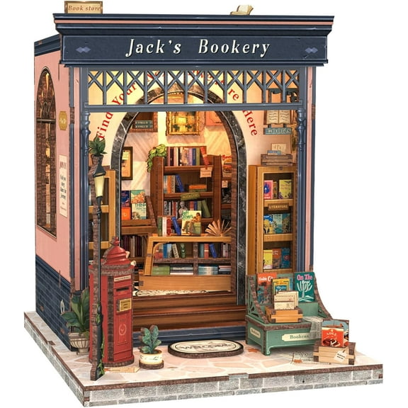 Book Nook Kit - DIY Miniature House Dollhouse Kit for Adults and Teens, Booknook Tiny House Bookstore Library Bookshelf Decor 3D Wooden Puzzle, Gifts for Family, Friends (Jacks Bookery)