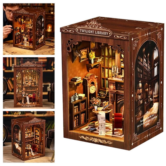 Book Nook Kit,DIY Miniature House Kit for Adults,3D Wooden Puzzle Bookend Bookshelf Insert Decor with LED Light,Book Nook Model Kits Tiny House Arts and Crafts