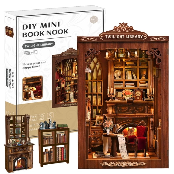 Book Nook Kit - DIY Miniature House Kit for Adults, Teens and Beginners, Dollhouse Booknook Library Tiny House Bookshelf Decor 3D Wooden Puzzle, Gifts for Family, Friends
