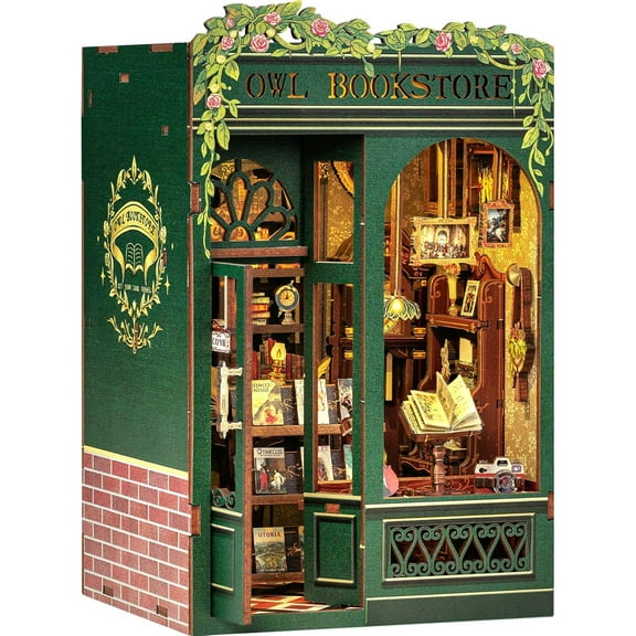 Book Nook Kit, DIY Scene Miniature House Kit Tiny House Mini Booknook Craft Bookshelf Decor, 3D Puzzles for Adults, 139 Wooden Pieces, Scale Library Model, Gifts for Book Lovers(OWL Bookstore)