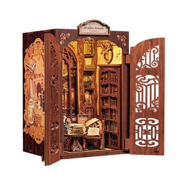 Book Nook Kit with LED Light, DIY Miniature Dollhouse Kit 3D Puzzles for Adults and Teens, 127 Wooden Pieces, Tiny House Mini Booknook Craft Bookshelf Decor, Gifts for Book Lovers(Bookshop Memory)