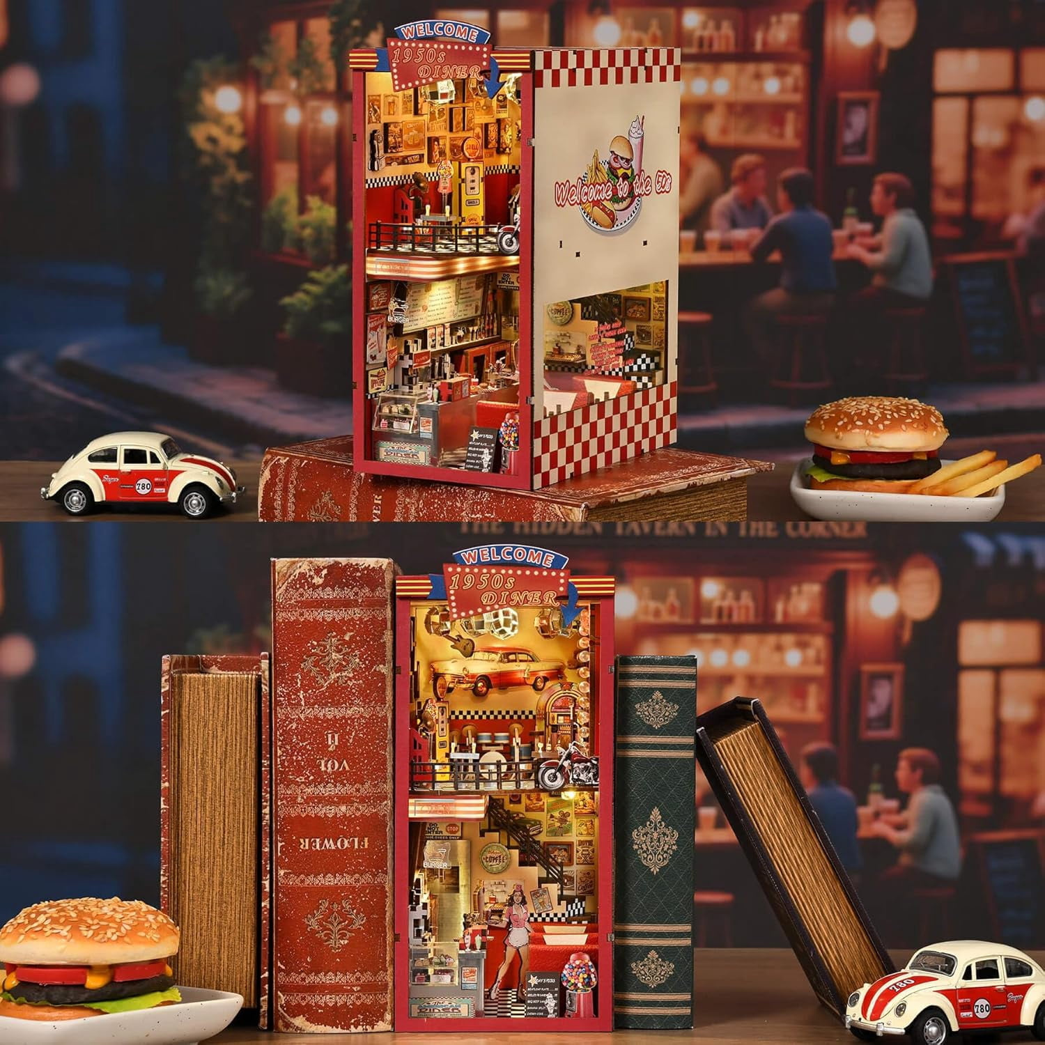 Book Nook Kit - Miniature 1950s Diner Dollhouse with LED Lights