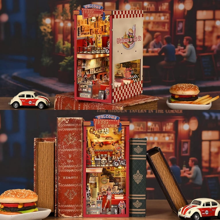 Book Nook Kit - Miniature 1950s Diner Dollhouse with LED Lights
