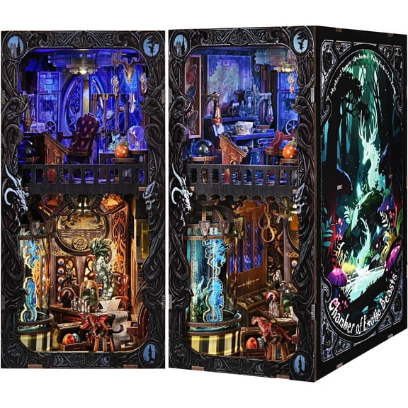 Book Nook  Kit,Mysterious Creature Diorama 3D Wooden Puzzle with LED,Bookend Bookshelf Decoration,Miniature Doll House for Home Decor,Chamber of Stranger Beasts