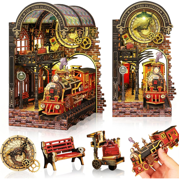 Book Nook Kit - Qissep Book Nook Kits for Adults and Teens, 3D Wooden Puzzles with LED Lights DIY Miniature Doll House Kit Gifts for Family Friends(Zero Point Platform)