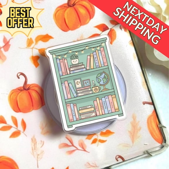 Book Nook MagSafe Phone Grip Cute Bookshelf Phone Holder with Plants & Globe, Perfect for Book Lovers