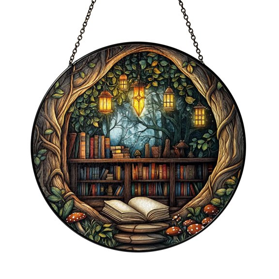 Book Nook Stained Glass Suncatcher Window Hanging, Round Library Scene with Lanterns and Mushrooms, Cozy Reading Room Decor