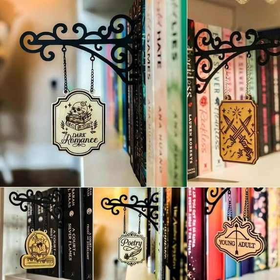Book Nook Tavern Signs– Genre Shelf Labels with Hanging Brackets, Tavern-Style Book Nook Decor, Bookshelf Genre Signs for Home Library Book Dividers for Shelves,Home Library Book Dividers for Shelves