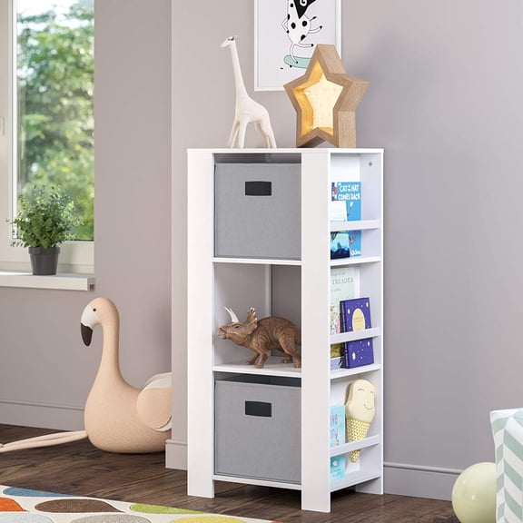 Book-Nook Tower Kids Bookshelf & Toy Storage Organizer with 3 Cubbies 2 Gray Folding Storage Bins and 6 Book Racks - Toy Organizer for Playrooms
