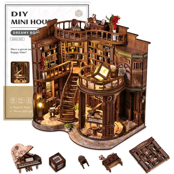 Book Nooks for Adults | DIY 3D Wooden Miniature Dollhouse Kit with LED Light | Creative Craft Model & Bookshelf Decor Gift