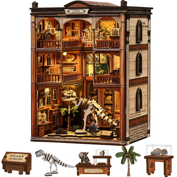 Book Nooks for Adults - Dinosaur Museum Theme 3D Wooden Puzzle Kit | Miniature Dollhouse | Home Bookshelf Decor Gift