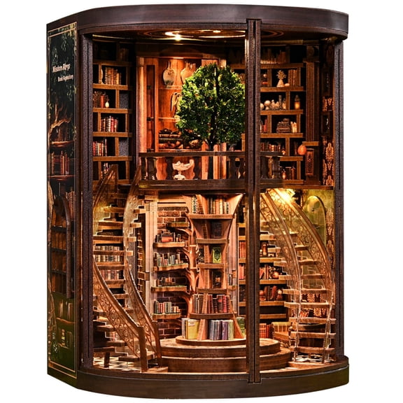 Book Nooks for Adults - Tree Library Theme 3D Wooden Puzzle Kit | Miniature Dollhouse | Home Bookshelf Decor Gift