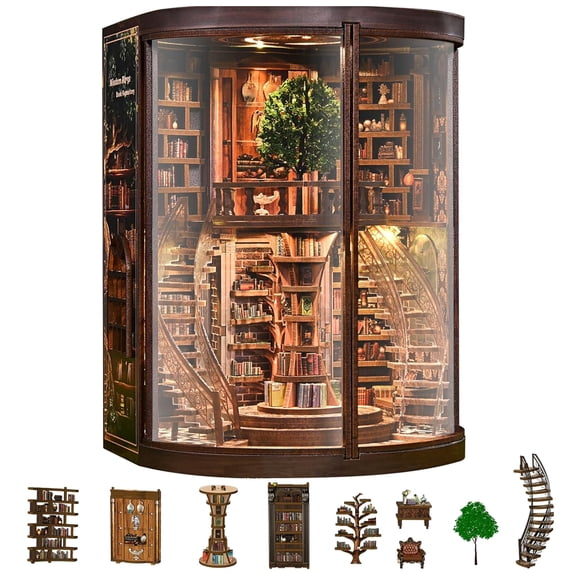 Book Nooks for Adults - Tree Library Theme 3D Wooden Puzzle Kit | Miniature Dollhouse | Home Bookshelf Decor Gift
