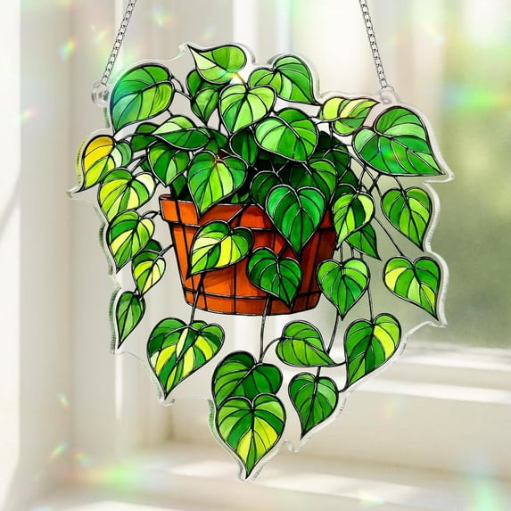 Book Ornament Stained Glass Window Hanging, Acrylic Bookish Gifts For Teacher, Librarian, Book Lovers, Reader, Shelf Decor Accessories For Women, Suncatcher Effect For Christmas Gift (Pothos)