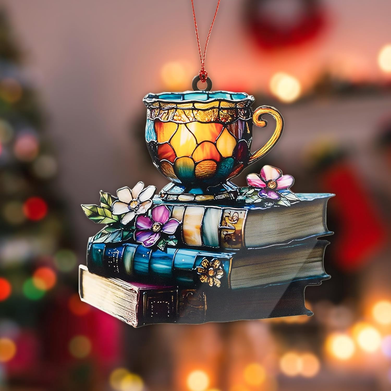 Book Ornament, Tea Books Floral Acrylic Suncatcher, Book Lover Gifts