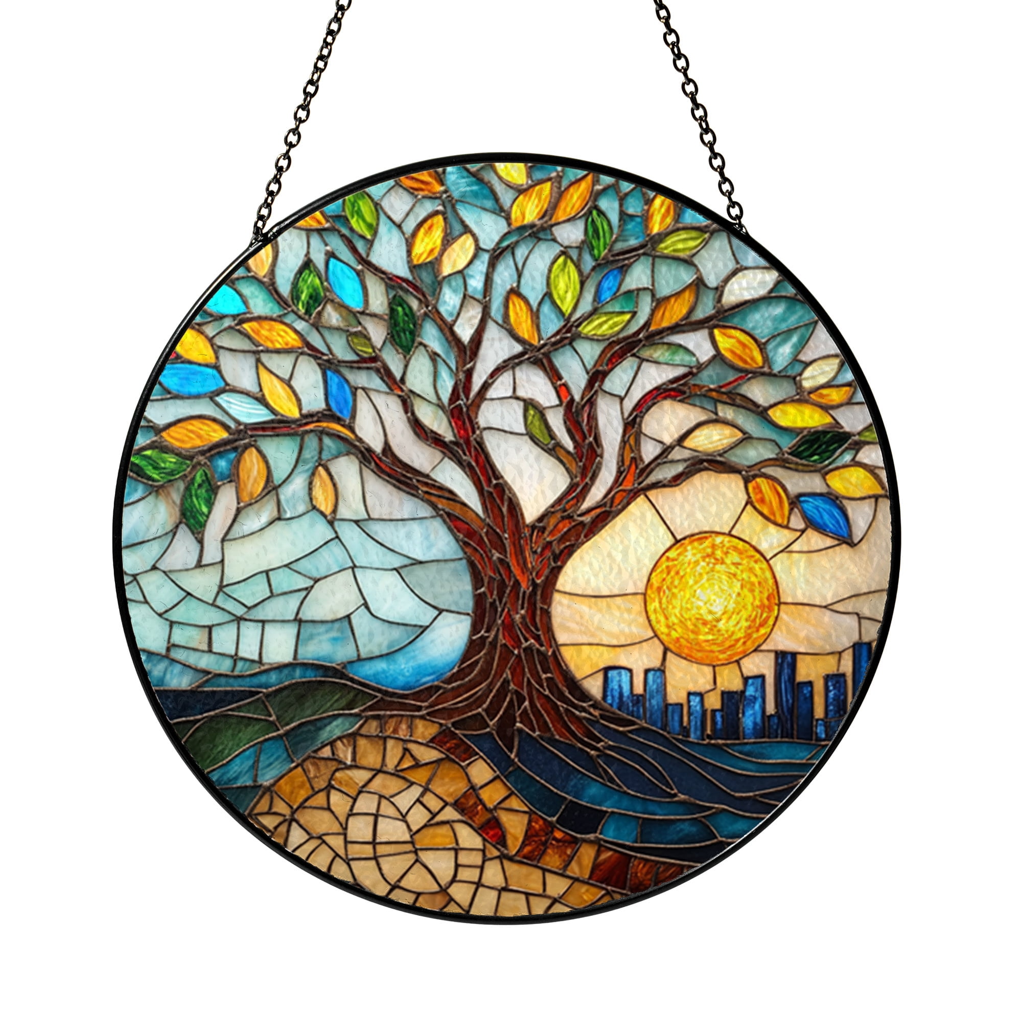 Book Path Window Panel, Faux Stained Glass Tree and Sun Design for Reading Nooks and Nature Homes