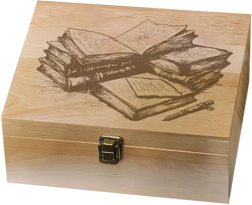 Book and Pen Theme Wooden Memory Keepsake Box Metal Knot Box with Hinged Lid and Lock Decorative Storage Box Stash Box for Photo Letter Souvenir Jewelry 7.6x9.6x4inch(19.5x24.5x10.3cm) BurlyWood