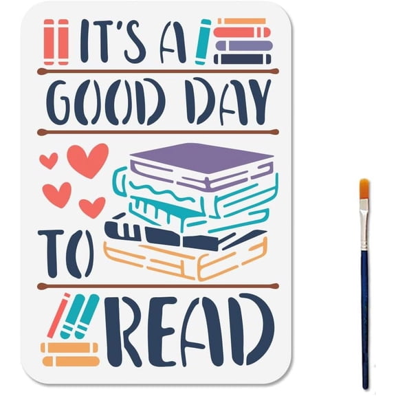 Book Pencil Stencil Reading Books Template 11.7x8.3inch It's A Good Day to Read Stencil with Paint Brush Study Bookshelf Hearts Decoration Template for Wood Wall Window DIY Craft 1pc DIY