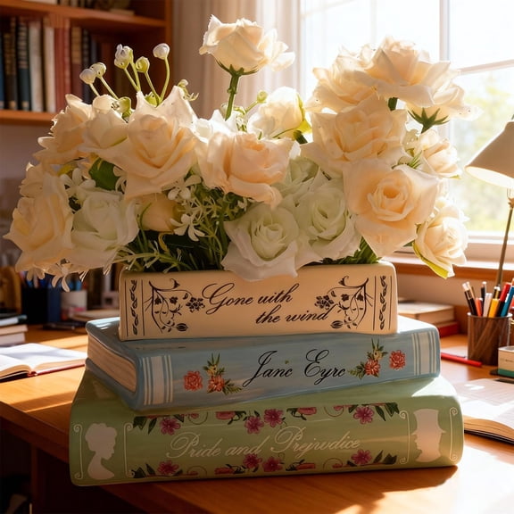Book Planter Decor - Cute Bookshelf Plant Pots, Small Book Shaped Ceramic Planters, Book Flowers Vase with Drainage Hole, Classic Titles Bookstack for Book Lovers Gifts for Home Bedrooms, Living Room