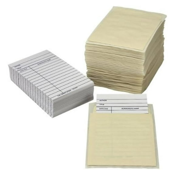 Book Pockets & Cards Combo Pack - 200 Total - Library Supplies - Date Due Cards - Self-Adhesive Pockets - 3x5 Index Card Size - Pale Cream