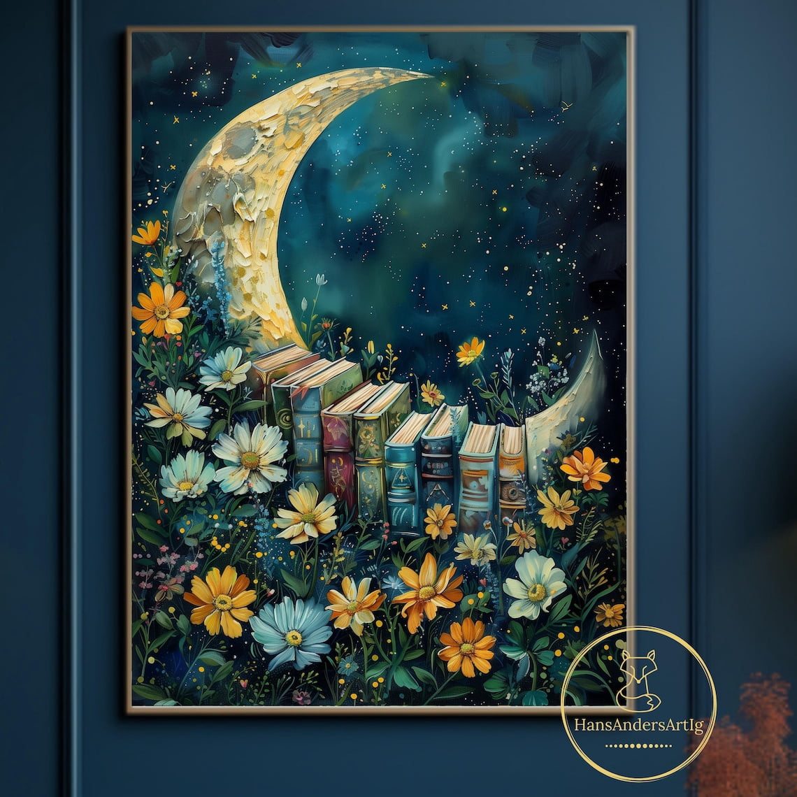 Cottagecore Reading Book Poster Nerd Painting Art Reading Print Moon Book Lover Gift Wall ...